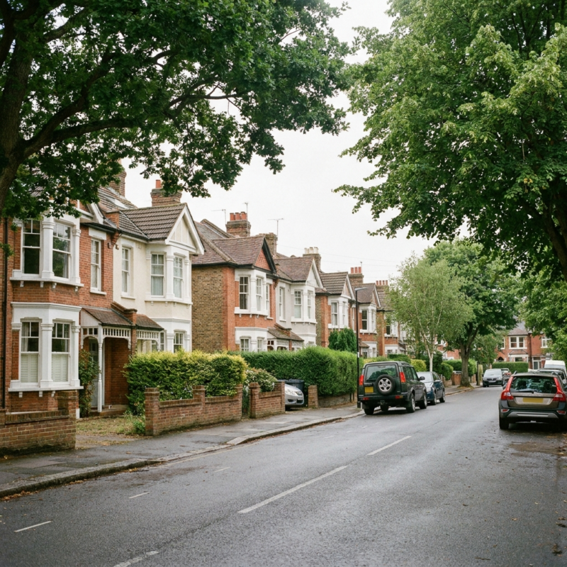 Residential street of semi-detached houses in Surrey
